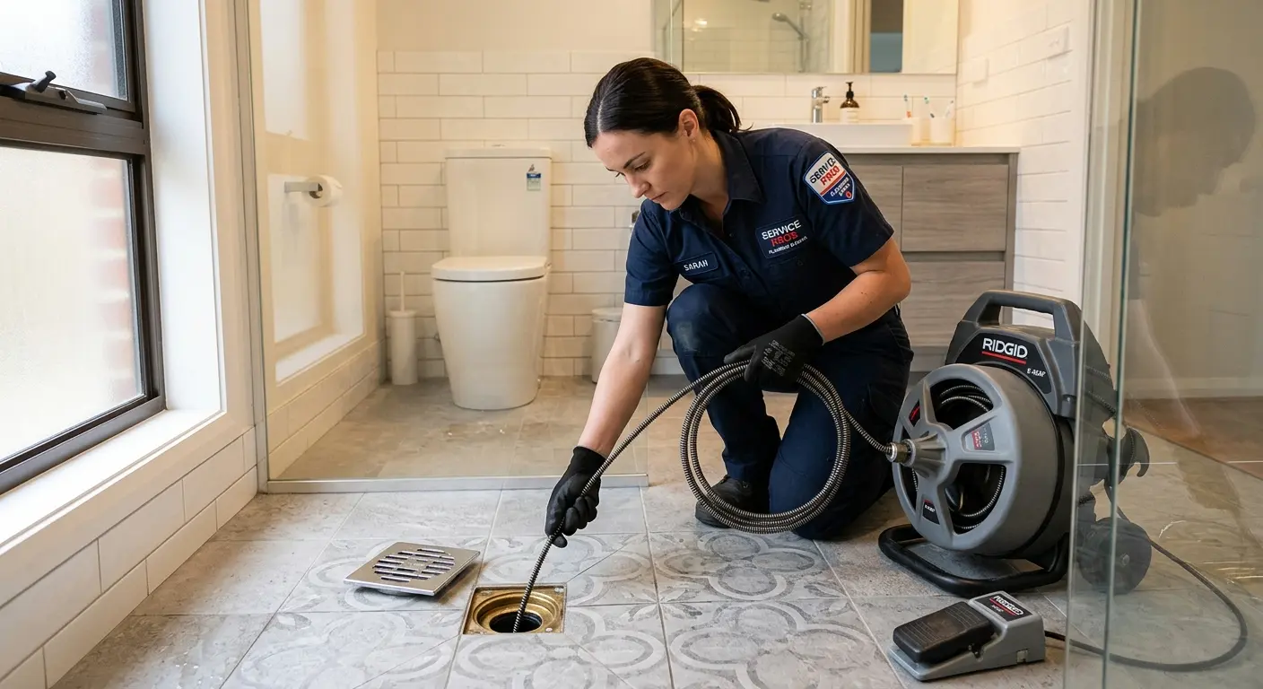 Technician clearing a bathroom floor drain for Drain Repair in Round Lake